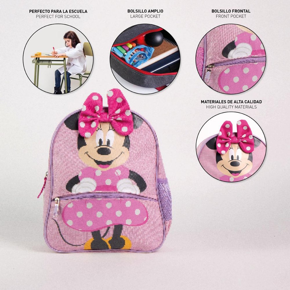 Mochila Guarderia Minnie Rosa Con Rejilla Con Lazo 3D