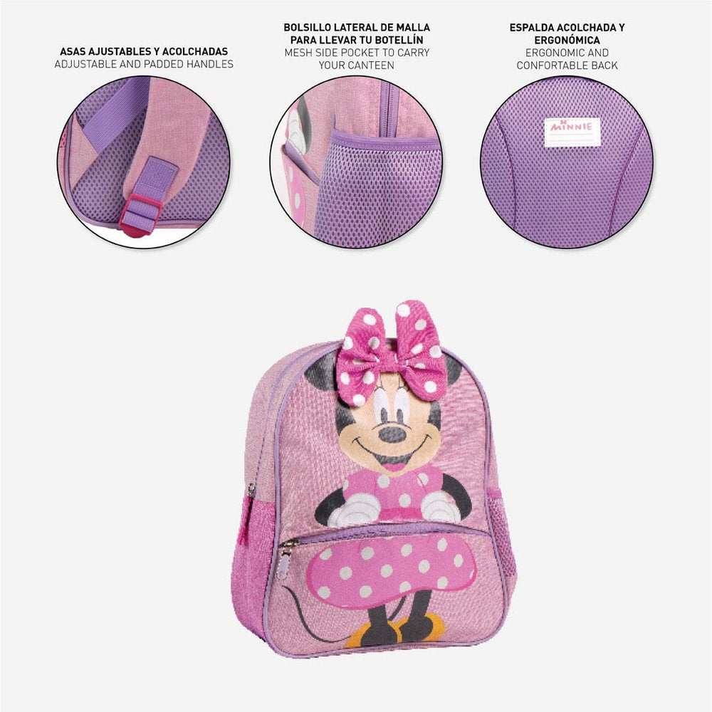 Mochila Guarderia Minnie Rosa Con Rejilla Con Lazo 3D