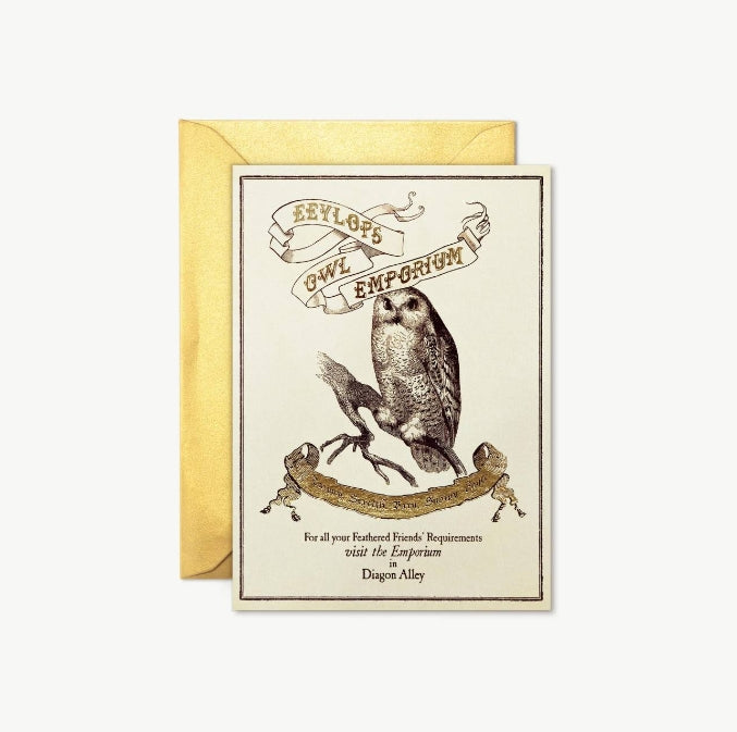 Tarjeta de felicitación de Eeylops Owl Emporium. Minalima-Harry Potter